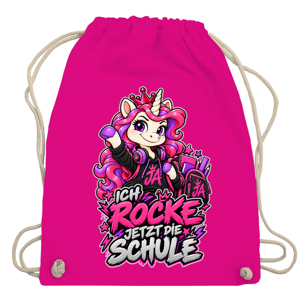 JA Schulstart Einhorn – Turnbeutel in Fuchsia, Aufdruck: Einhorn mit Schulsachen: „Ich rocke jetzt die Schule“ – Geschenk zur Einschulung