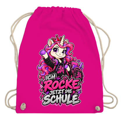 JA Schulstart Einhorn – Turnbeutel in Fuchsia, Aufdruck: Einhorn mit Schulsachen: „Ich rocke jetzt die Schule“ – Geschenk zur Einschulung