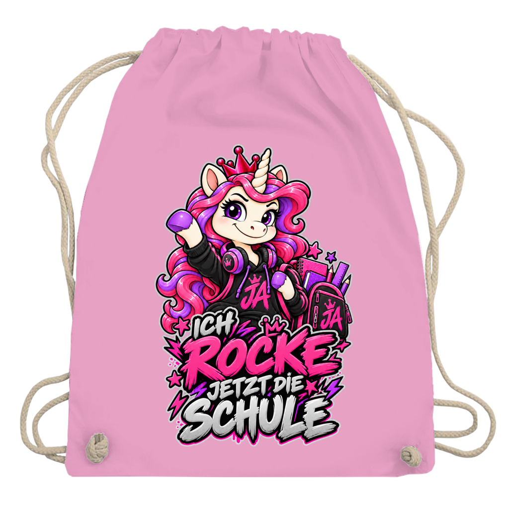 JA Schulstart Einhorn – Turnbeutel in Rosa, Aufdruck: Einhorn mit Schulsachen: „Ich rocke jetzt die Schule“ – Geschenk zur Einschulung