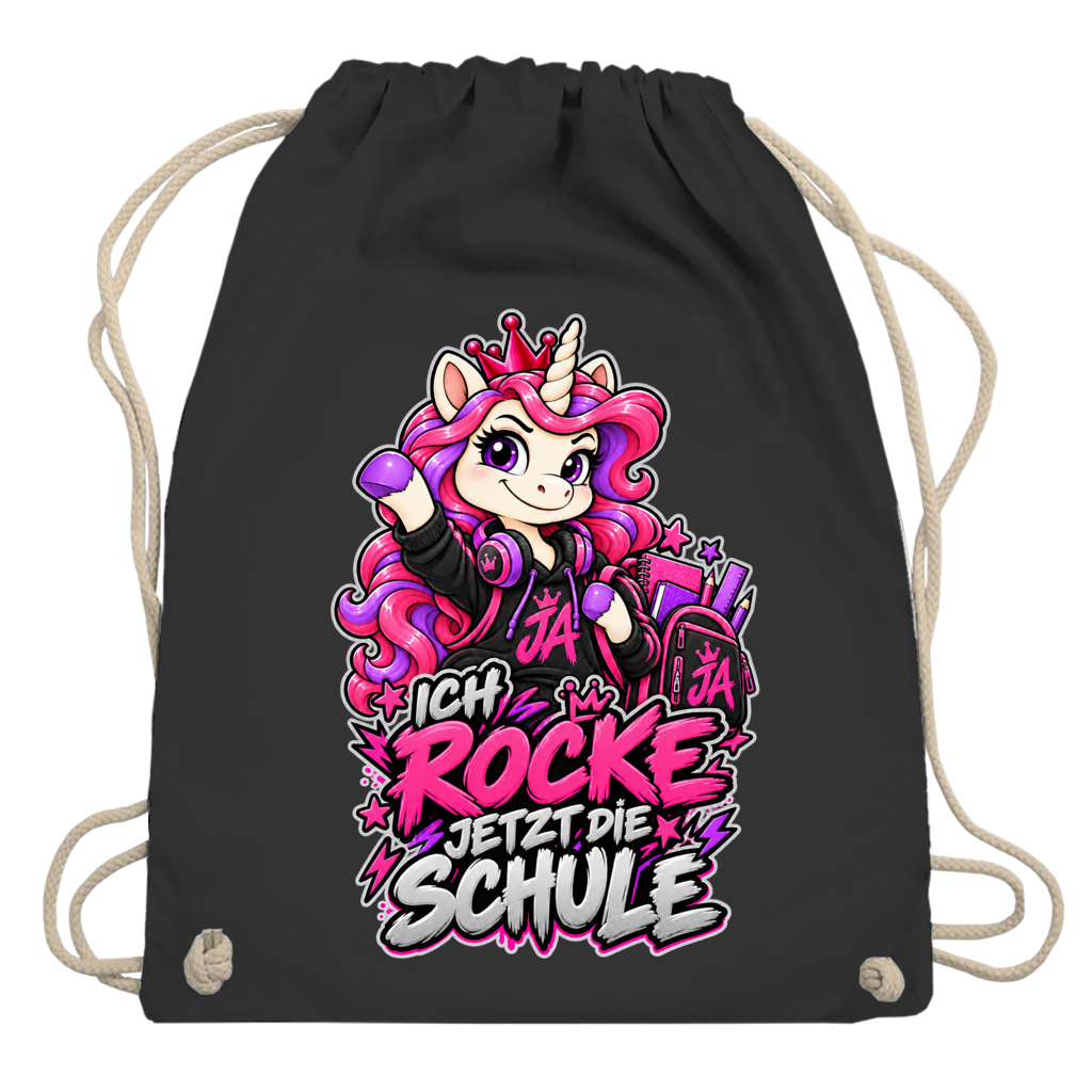 JA Schulstart Einhorn – Turnbeutel in Schwarz, Aufdruck: Einhorn mit Schulsachen: „Ich rocke jetzt die Schule“ – Geschenk zur Einschulung