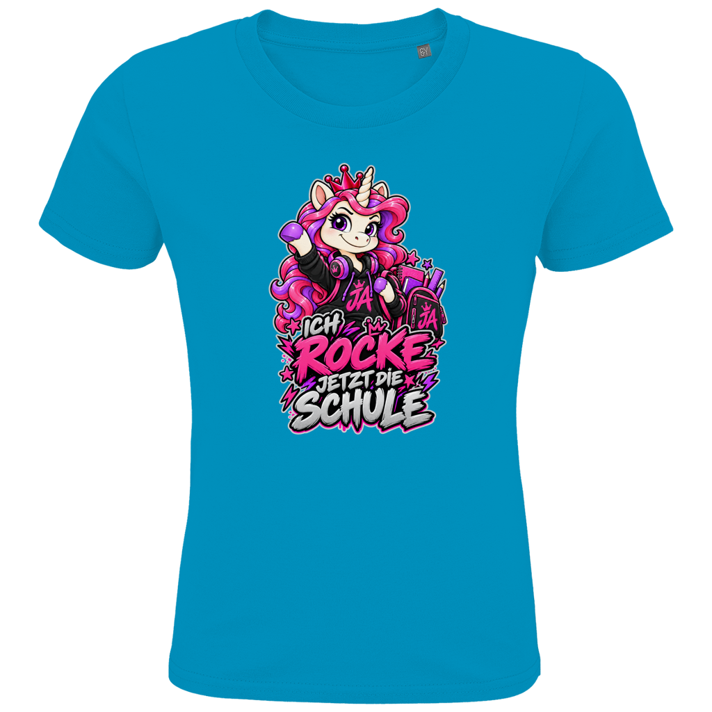 JA Schulstart Einhorn – Kinder-T-Shirt in Aqua, Vorderansicht, Frontdruck: Einhorn mit Schulsachen: „Ich rocke jetzt die Schule“ – Geschenk zur Einschulung
