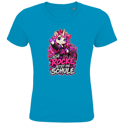 JA Schulstart Einhorn – Kinder-T-Shirt in Aqua, Vorderansicht, Frontdruck: Einhorn mit Schulsachen: „Ich rocke jetzt die Schule“ – Geschenk zur Einschulung