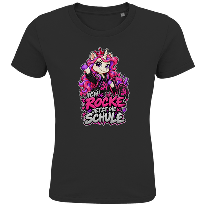 JA Schulstart Einhorn – Kinder-T-Shirt in Schwarz, Vorderansicht, Frontdruck: Einhorn mit Schulsachen: „Ich rocke jetzt die Schule“ – Geschenk zur Einschulung