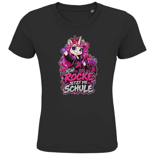 JA Schulstart Einhorn – Kinder-T-Shirt in Schwarz, Vorderansicht, Frontdruck: Einhorn mit Schulsachen: „Ich rocke jetzt die Schule“ – Geschenk zur Einschulung