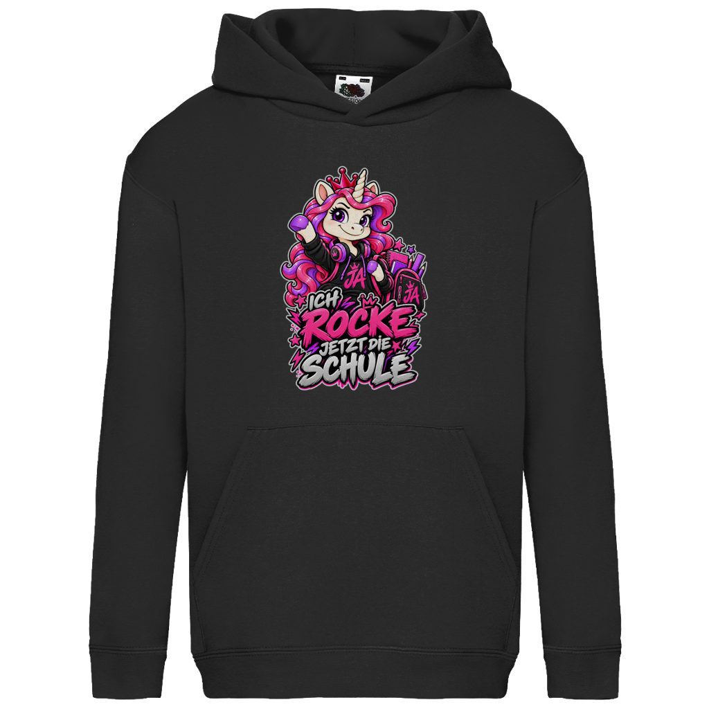 JA Schulstart Einhorn – Kinder-Hoodie in Schwarz, Vorderansicht, Frontdruck: Einhorn mit Schulsachen: „Ich rocke jetzt die Schule“ – Geschenk zur Einschulung