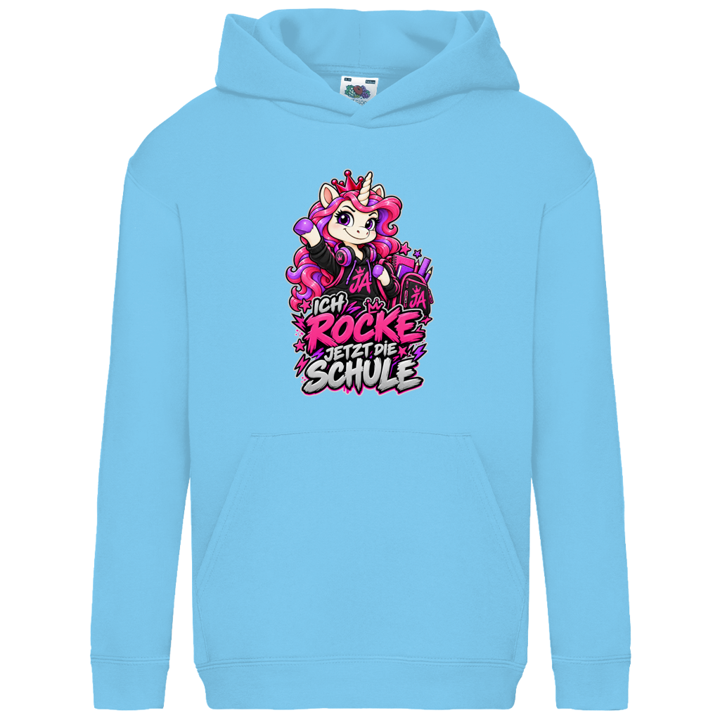 JA Schulstart Einhorn – Kinder-Hoodie in Himmelblau, Vorderansicht, Frontdruck: Einhorn mit Schulsachen: „Ich rocke jetzt die Schule“ – Geschenk zur Einschulung