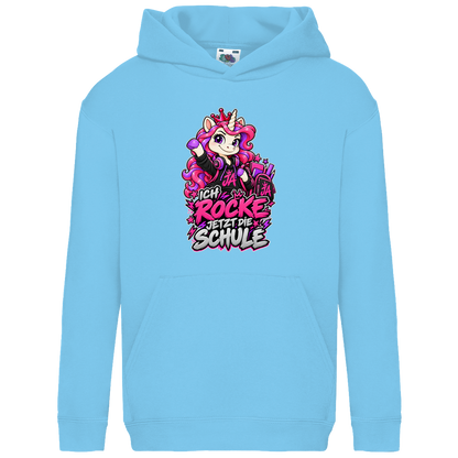 JA Schulstart Einhorn – Kinder-Hoodie in Himmelblau, Vorderansicht, Frontdruck: Einhorn mit Schulsachen: „Ich rocke jetzt die Schule“ – Geschenk zur Einschulung