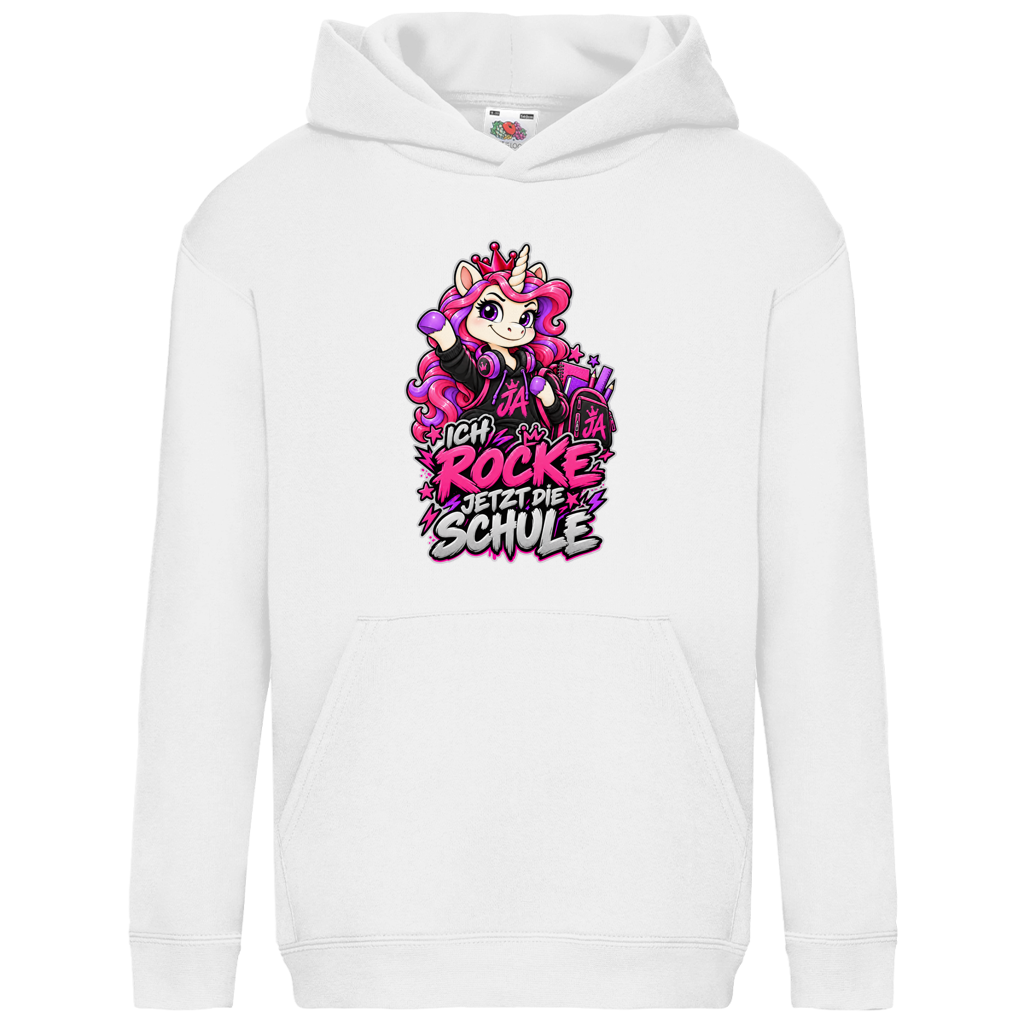 JA Schulstart Einhorn – Kinder-Hoodie in Weiß, Vorderansicht, Frontdruck: Einhorn mit Schulsachen: „Ich rocke jetzt die Schule“ – Geschenk zur Einschulung
