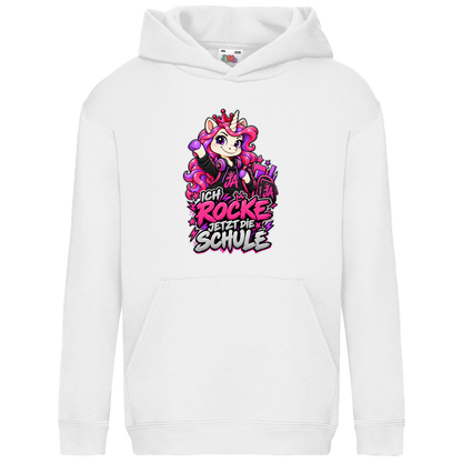 JA Schulstart Einhorn – Kinder-Hoodie in Weiß, Vorderansicht, Frontdruck: Einhorn mit Schulsachen: „Ich rocke jetzt die Schule“ – Geschenk zur Einschulung