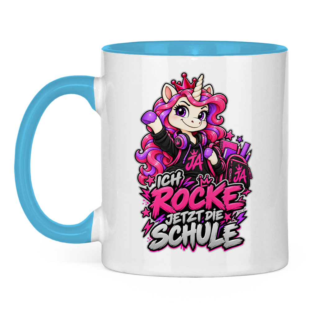 JA Schulstart Einhorn – Tasse in Hellblau, Vorderansicht, Aufdruck: Einhorn mit Schulsachen: „Ich rocke jetzt die Schule“ – Geschenk zur Einschulung