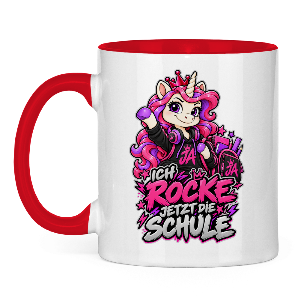 JA Schulstart Einhorn – Tasse in Rot, Vorderansicht, Aufdruck: Einhorn mit Schulsachen: „Ich rocke jetzt die Schule“ – Geschenk zur Einschulung