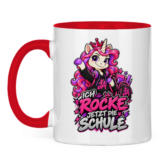 JA Schulstart Einhorn – Tasse in Rot, Vorderansicht, Aufdruck: Einhorn mit Schulsachen: „Ich rocke jetzt die Schule“ – Geschenk zur Einschulung