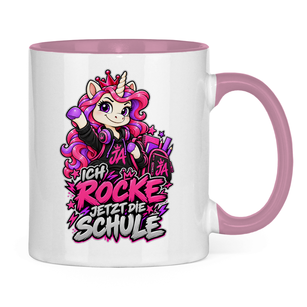 JA Schulstart Einhorn – Tasse in Pink, Rückansicht, ebenfalls bedruckt