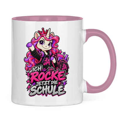 JA Schulstart Einhorn – Tasse in Pink, Rückansicht, ebenfalls bedruckt