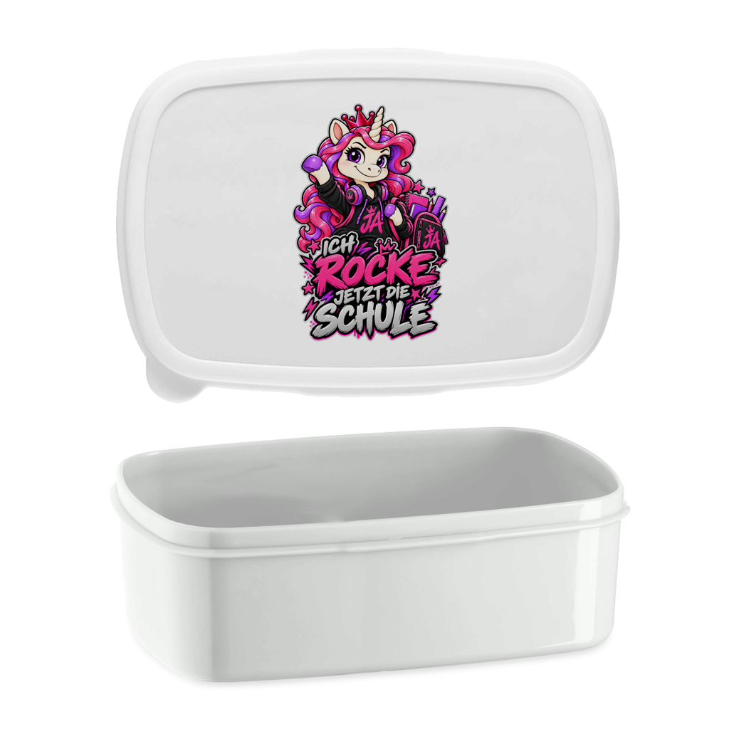 JA Schulstart Einhorn – Lunchbox in Weiß, Aufdruck: Einhorn mit Schulsachen: „Ich rocke jetzt die Schule“ – Geschenk zur Einschulung
