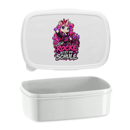 JA Schulstart Einhorn – Lunchbox in Weiß, Aufdruck: Einhorn mit Schulsachen: „Ich rocke jetzt die Schule“ – Geschenk zur Einschulung