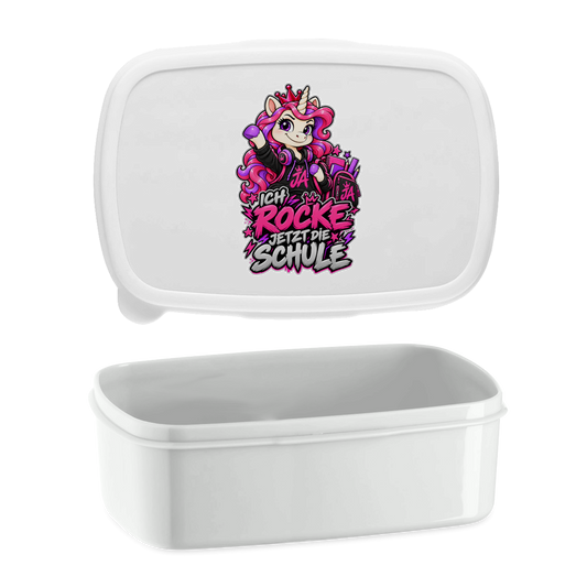 JA Schulstart Einhorn – Lunchbox in Weiß, Aufdruck: Einhorn mit Schulsachen: „Ich rocke jetzt die Schule“ – Geschenk zur Einschulung