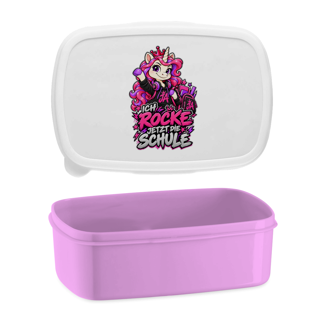 JA Schulstart Einhorn – Lunchbox in Pink, Aufdruck: Einhorn mit Schulsachen: „Ich rocke jetzt die Schule“ – Geschenk zur Einschulung