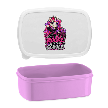 JA Schulstart Einhorn – Lunchbox in Pink, Aufdruck: Einhorn mit Schulsachen: „Ich rocke jetzt die Schule“ – Geschenk zur Einschulung