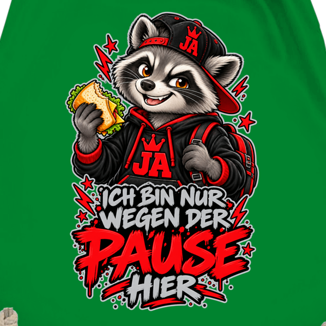 JA Pausen-Waschbär Rot – Turnbeutel, Nahaufnahme vom Motiv