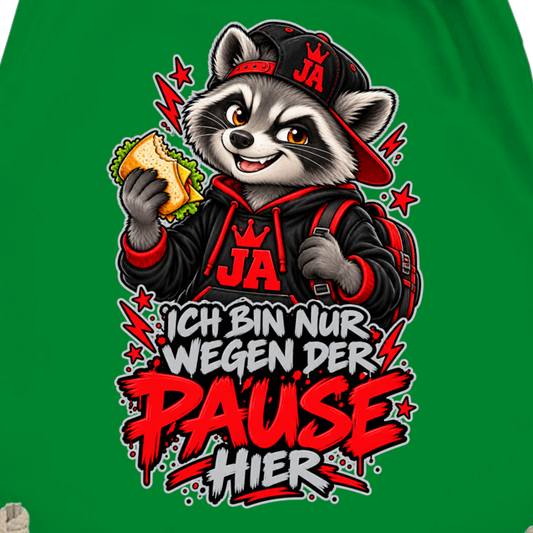 JA Pausen-Waschbär Rot – Turnbeutel, Nahaufnahme vom Motiv