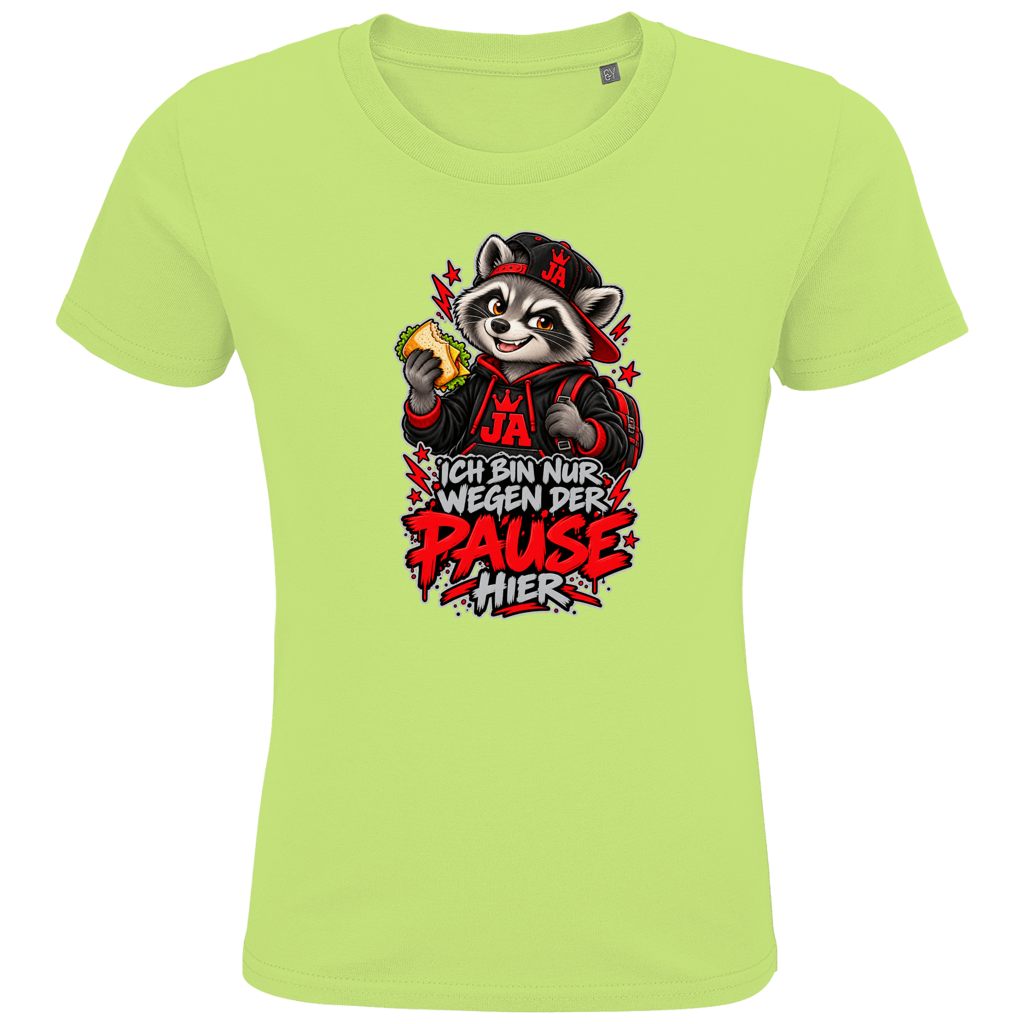 JA Pausen-Waschbär Rot – Kinder-T-Shirt in Apfelgrün, Vorderansicht, Frontdruck: Waschbär mit Pausenbrot in Rot: „Ich bin nur wegen der Pause hier“