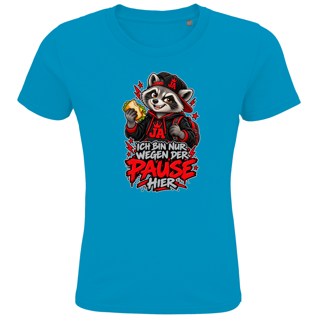 JA Pausen-Waschbär Rot – Kinder-T-Shirt in Aqua, Vorderansicht, Frontdruck: Waschbär mit Pausenbrot in Rot: „Ich bin nur wegen der Pause hier“
