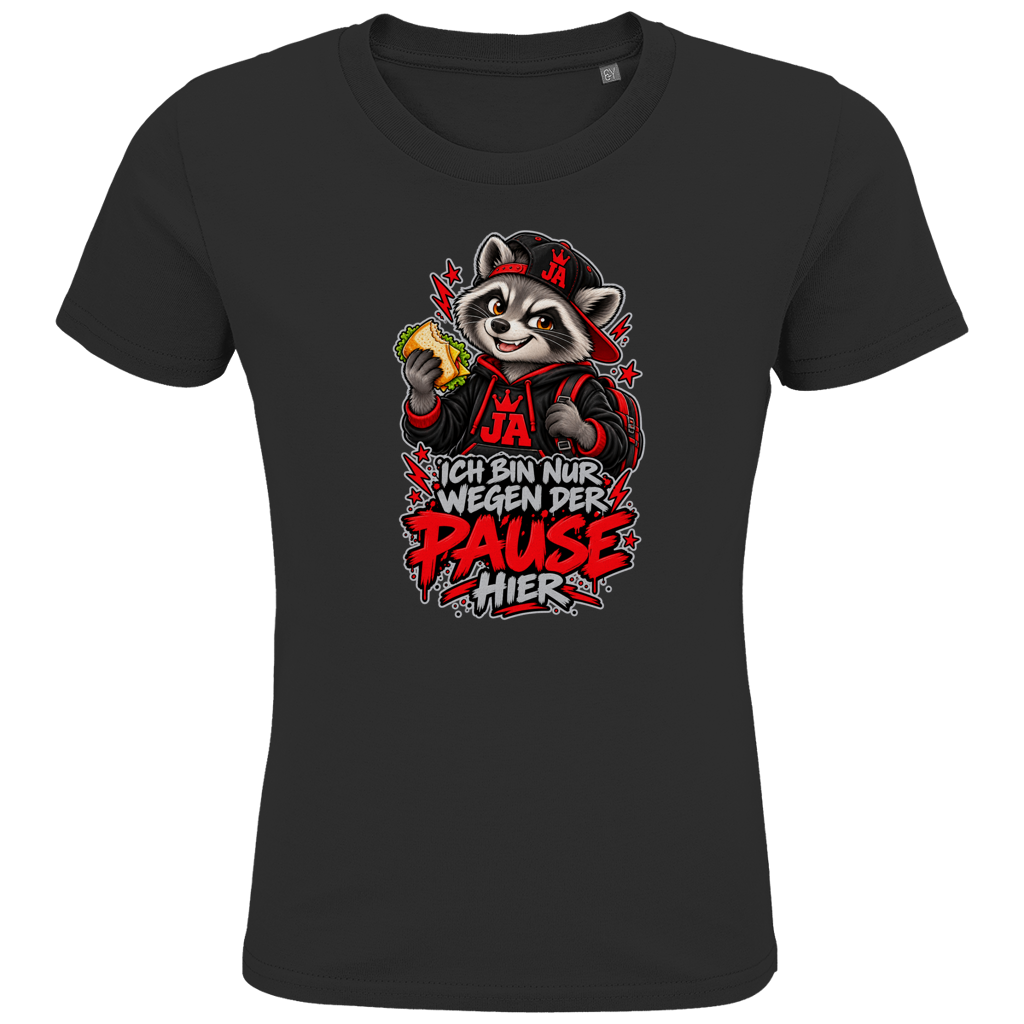 JA Pausen-Waschbär Rot – Kinder-T-Shirt in Schwarz, Vorderansicht, Frontdruck: Waschbär mit Pausenbrot in Rot: „Ich bin nur wegen der Pause hier“