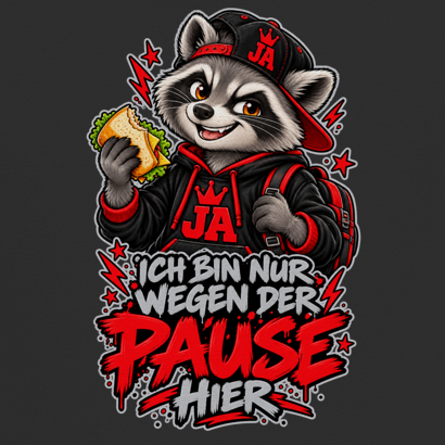 JA Pausen-Waschbär Rot – Kinder-T-Shirt in Schwarz, Nahaufnahme vom Motiv