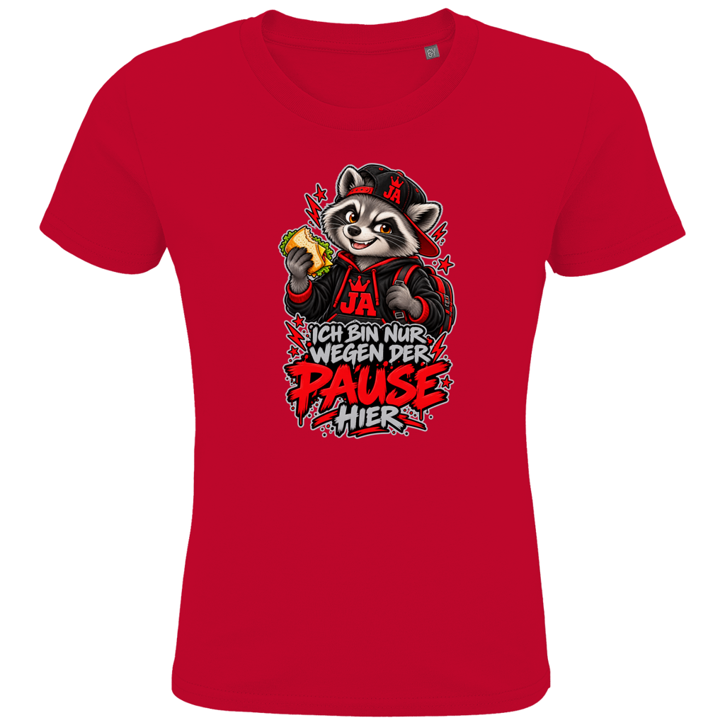 JA Pausen-Waschbär Rot – Kinder-T-Shirt in Rot, Vorderansicht, Frontdruck: Waschbär mit Pausenbrot in Rot: „Ich bin nur wegen der Pause hier“
