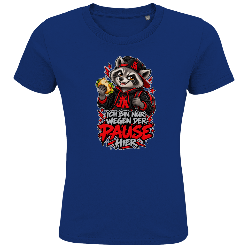 JA Pausen-Waschbär Rot – Kinder-T-Shirt in Royalblau, Vorderansicht, Frontdruck: Waschbär mit Pausenbrot in Rot: „Ich bin nur wegen der Pause hier“
