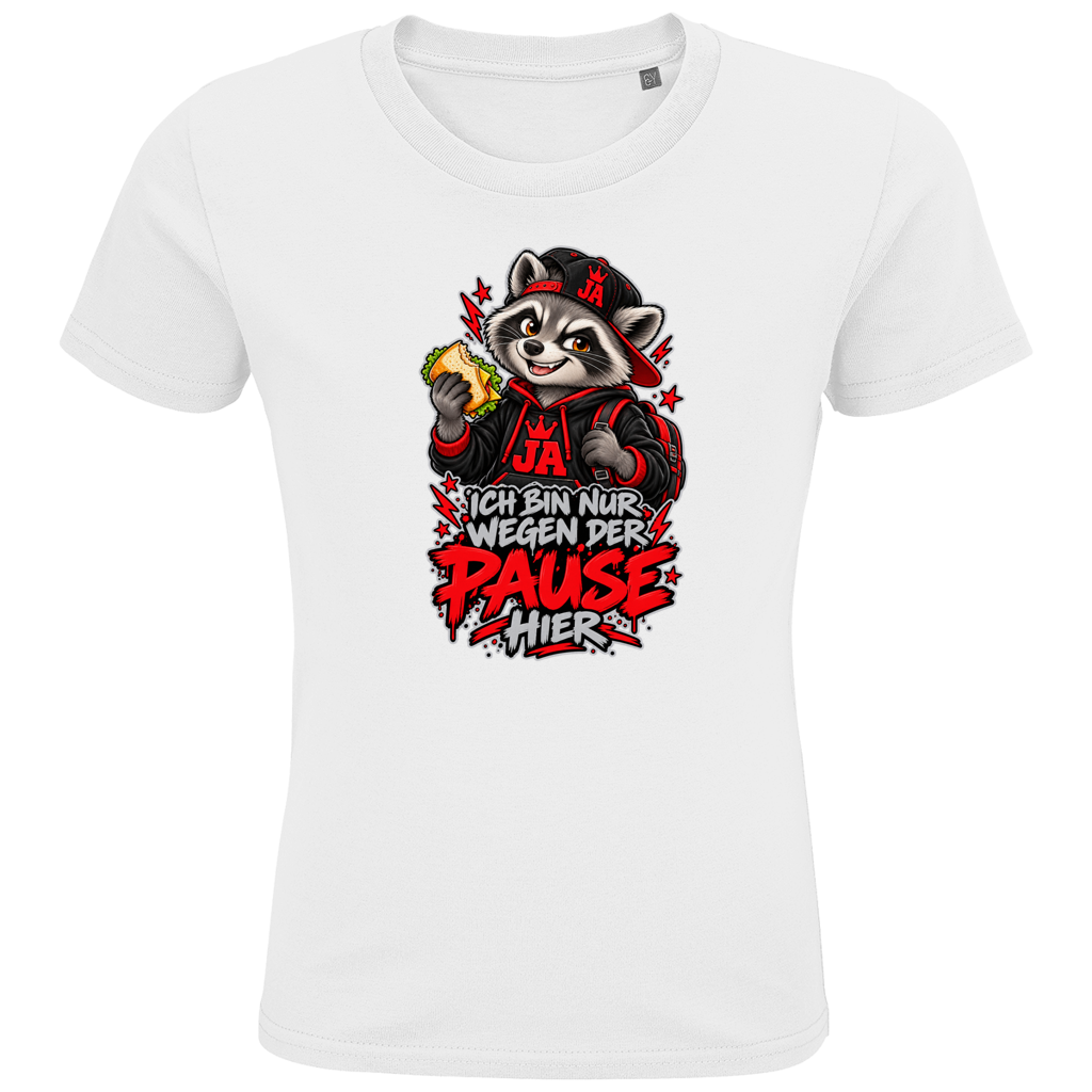JA Pausen-Waschbär Rot – Kinder-T-Shirt in Weiß, Vorderansicht, Frontdruck: Waschbär mit Pausenbrot in Rot: „Ich bin nur wegen der Pause hier“