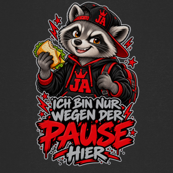 JA Pausen-Waschbär Rot – Kinder-Hoodie, Nahaufnahme vom Motiv