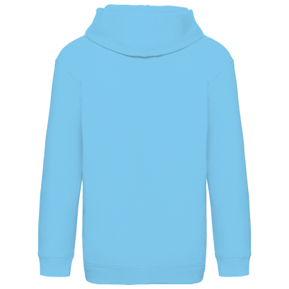 JA Pausen-Waschbär Rot – Kinder-Hoodie in Himmelblau, Rückansicht ohne Druck