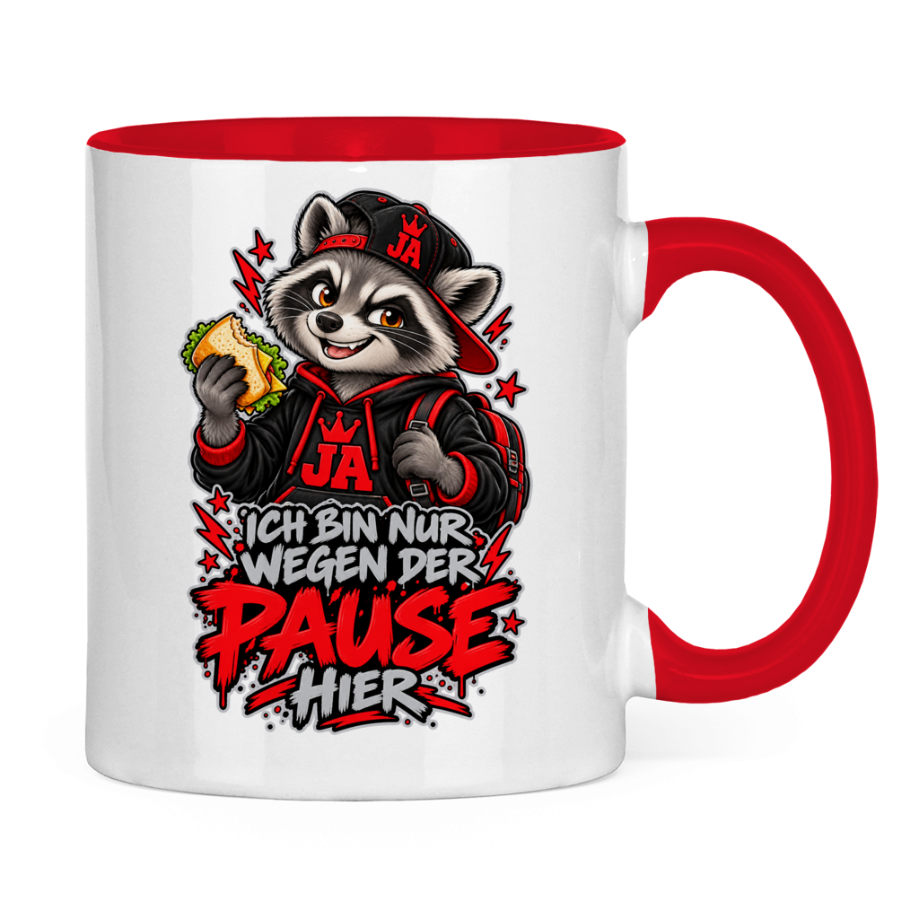 JA Pausen-Waschbär Rot – Tasse in Rot, Rückansicht, ebenfalls bedruckt