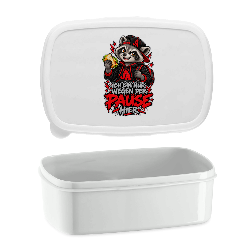 JA Pausen-Waschbär Rot – Lunchbox in Weiß, Aufdruck: Waschbär mit Pausenbrot in Rot: „Ich bin nur wegen der Pause hier“