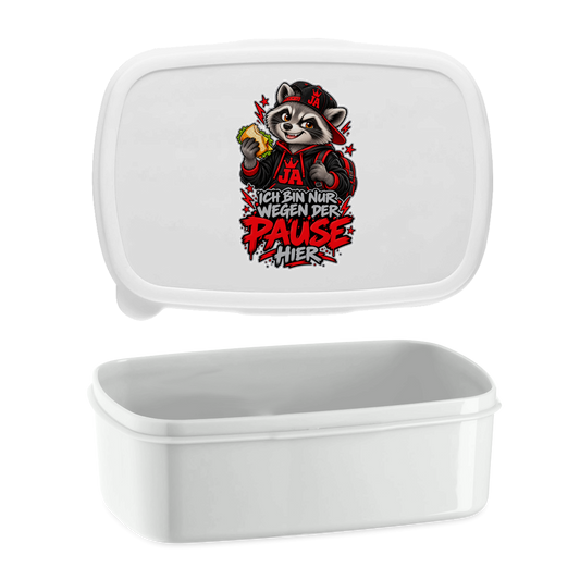 JA Pausen-Waschbär Rot – Lunchbox in Weiß, Aufdruck: Waschbär mit Pausenbrot in Rot: „Ich bin nur wegen der Pause hier“