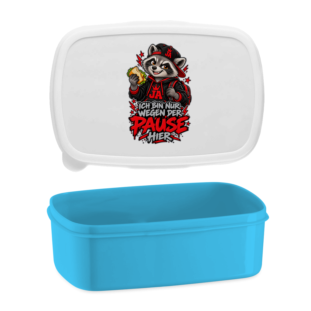 JA Pausen-Waschbär Rot – Lunchbox in Blau, Aufdruck: Waschbär mit Pausenbrot in Rot: „Ich bin nur wegen der Pause hier“