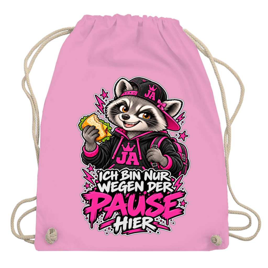 JA Pausen-Waschbär Pink – Turnbeutel in Rosa, Aufdruck: Waschbär mit Pausenbrot in Pink: „Ich bin nur wegen der Pause hier“