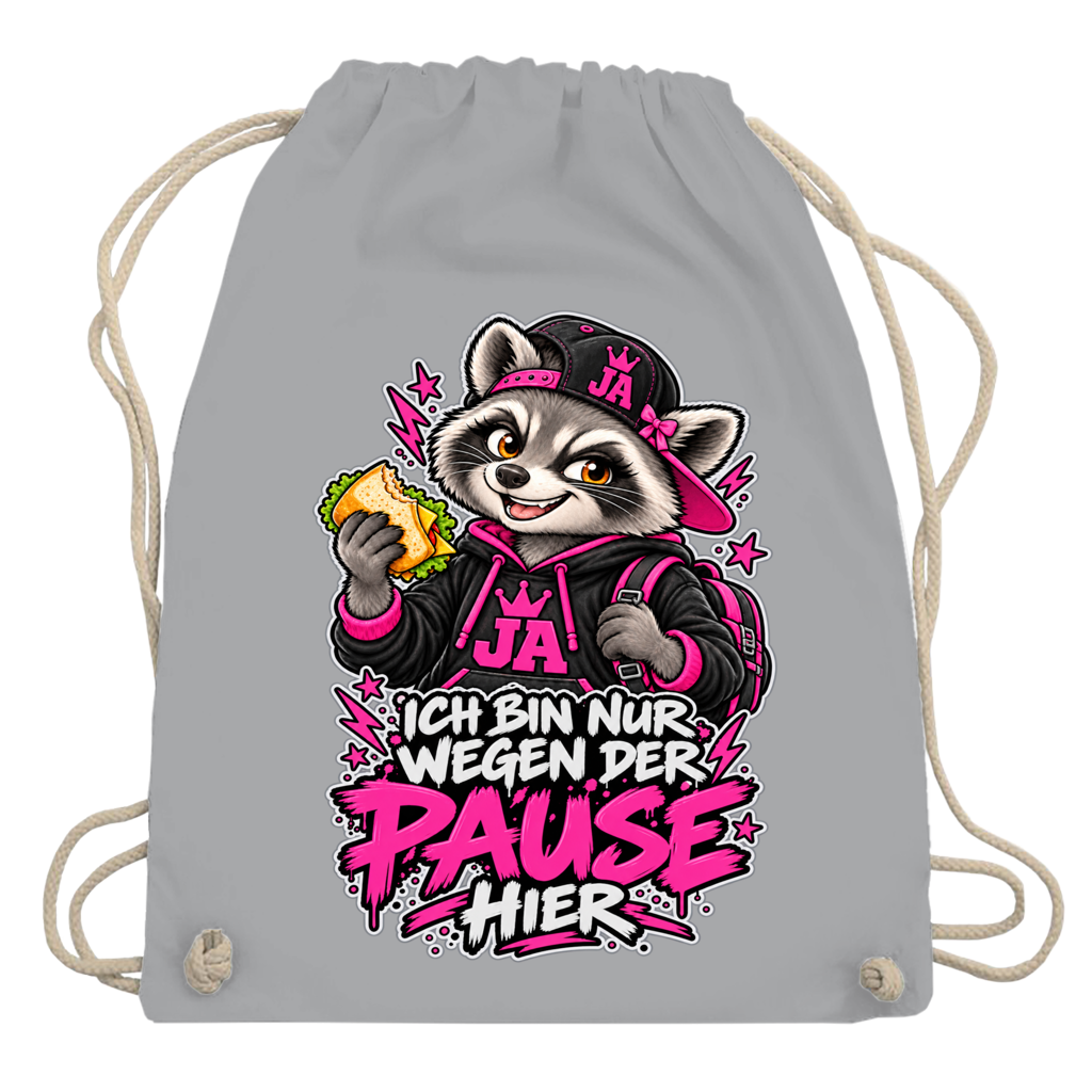 JA Pausen-Waschbär Pink – Turnbeutel in Hellgrau, Aufdruck: Waschbär mit Pausenbrot in Pink: „Ich bin nur wegen der Pause hier“
