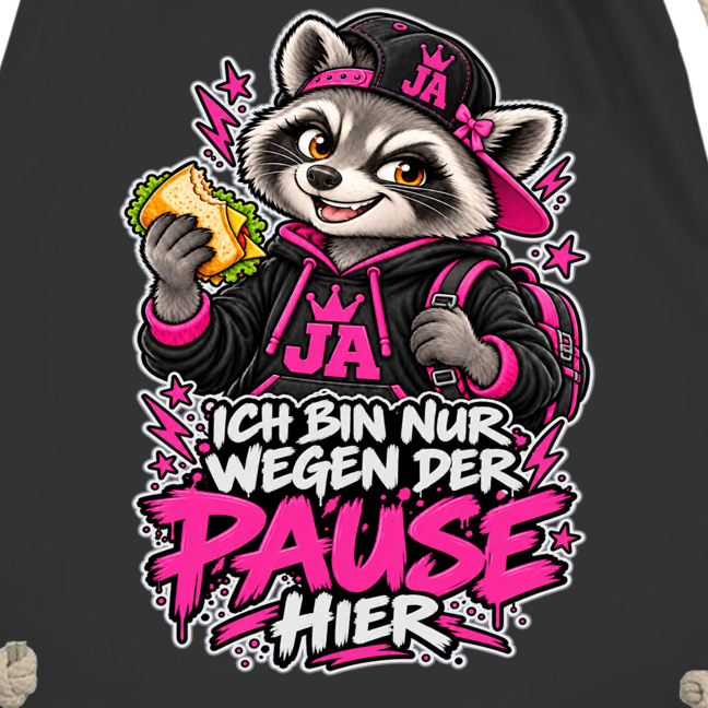JA Pausen-Waschbär Pink – Turnbeutel, Nahaufnahme vom Motiv