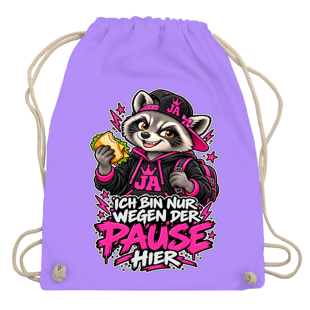 JA Pausen-Waschbär Pink – Turnbeutel in Lavendel, Aufdruck: Waschbär mit Pausenbrot in Pink: „Ich bin nur wegen der Pause hier“