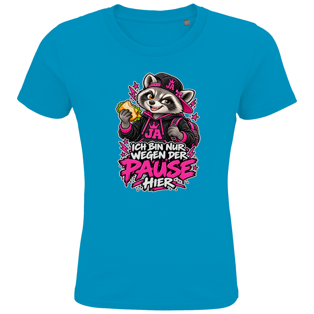JA Pausen-Waschbär Pink – Kinder-T-Shirt in Aqua, Vorderansicht, Frontdruck: Waschbär mit Pausenbrot in Pink: „Ich bin nur wegen der Pause hier“