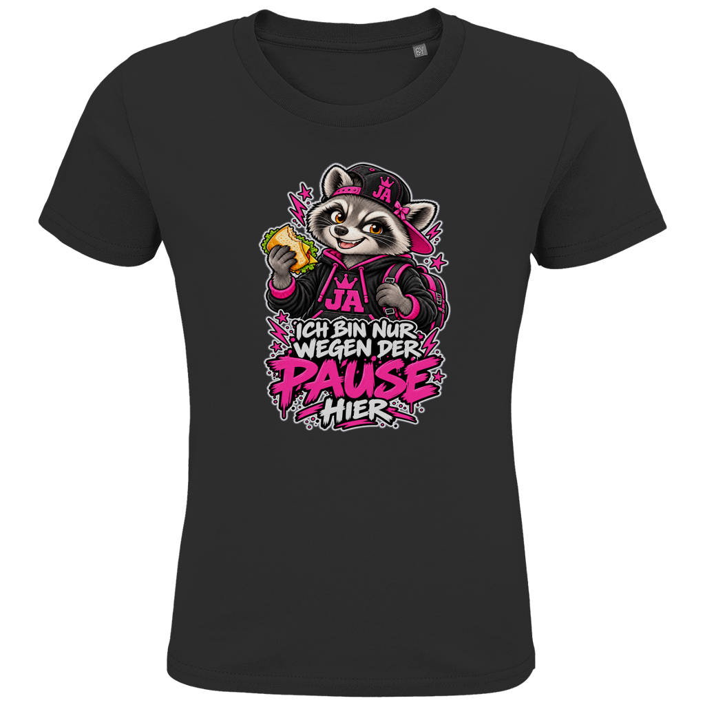 JA Pausen-Waschbär Pink – Kinder-T-Shirt in Schwarz, Vorderansicht, Frontdruck: Waschbär mit Pausenbrot in Pink: „Ich bin nur wegen der Pause hier“