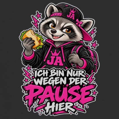 JA Pausen-Waschbär Pink – Kinder-T-Shirt in Schwarz, Nahaufnahme vom Motiv