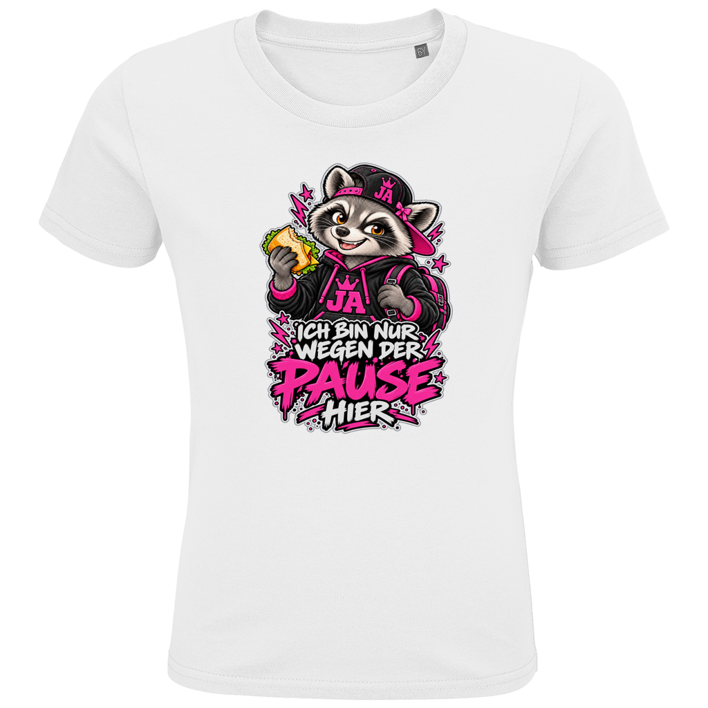 JA Pausen-Waschbär Pink – Kinder-T-Shirt in Weiß, Vorderansicht, Frontdruck: Waschbär mit Pausenbrot in Pink: „Ich bin nur wegen der Pause hier“