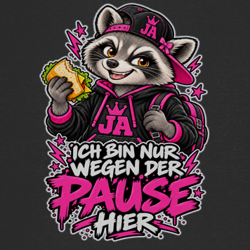JA Pausen-Waschbär Pink – Kinder-Hoodie, Nahaufnahme vom Motiv