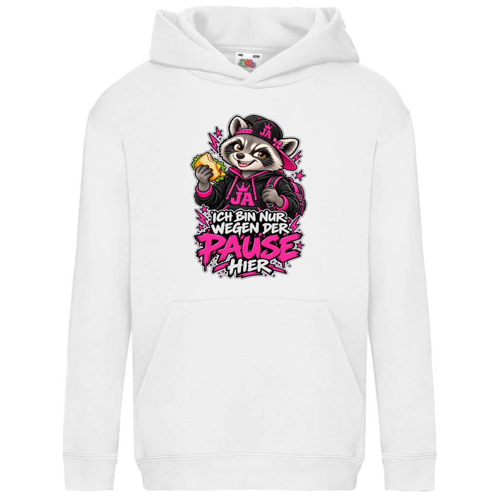 JA Pausen-Waschbär Pink – Kinder-Hoodie in Weiß, Vorderansicht, Frontdruck: Waschbär mit Pausenbrot in Pink: „Ich bin nur wegen der Pause hier“