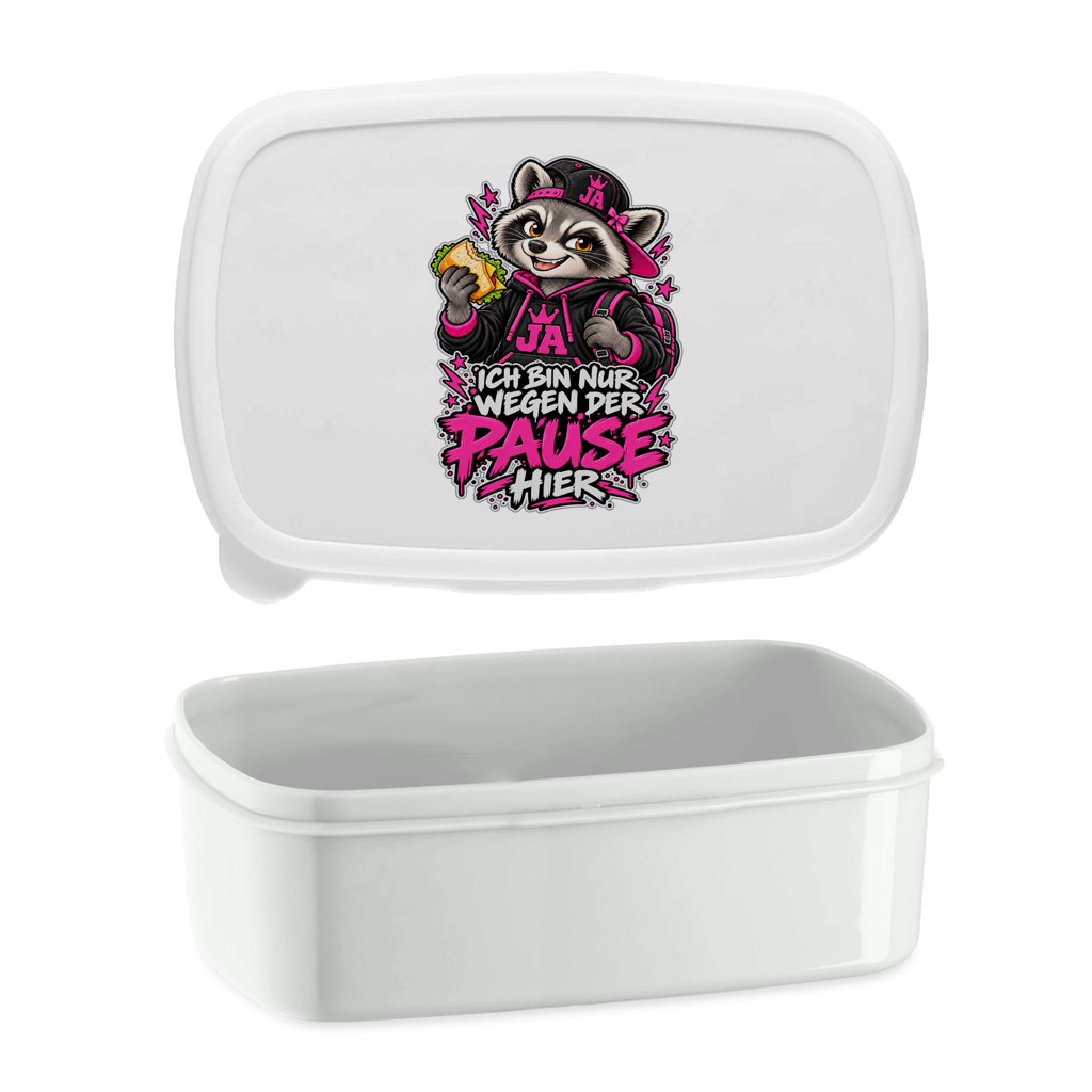 JA Pausen-Waschbär Pink – Lunchbox in Weiß, Aufdruck: Waschbär mit Pausenbrot in Pink: „Ich bin nur wegen der Pause hier“