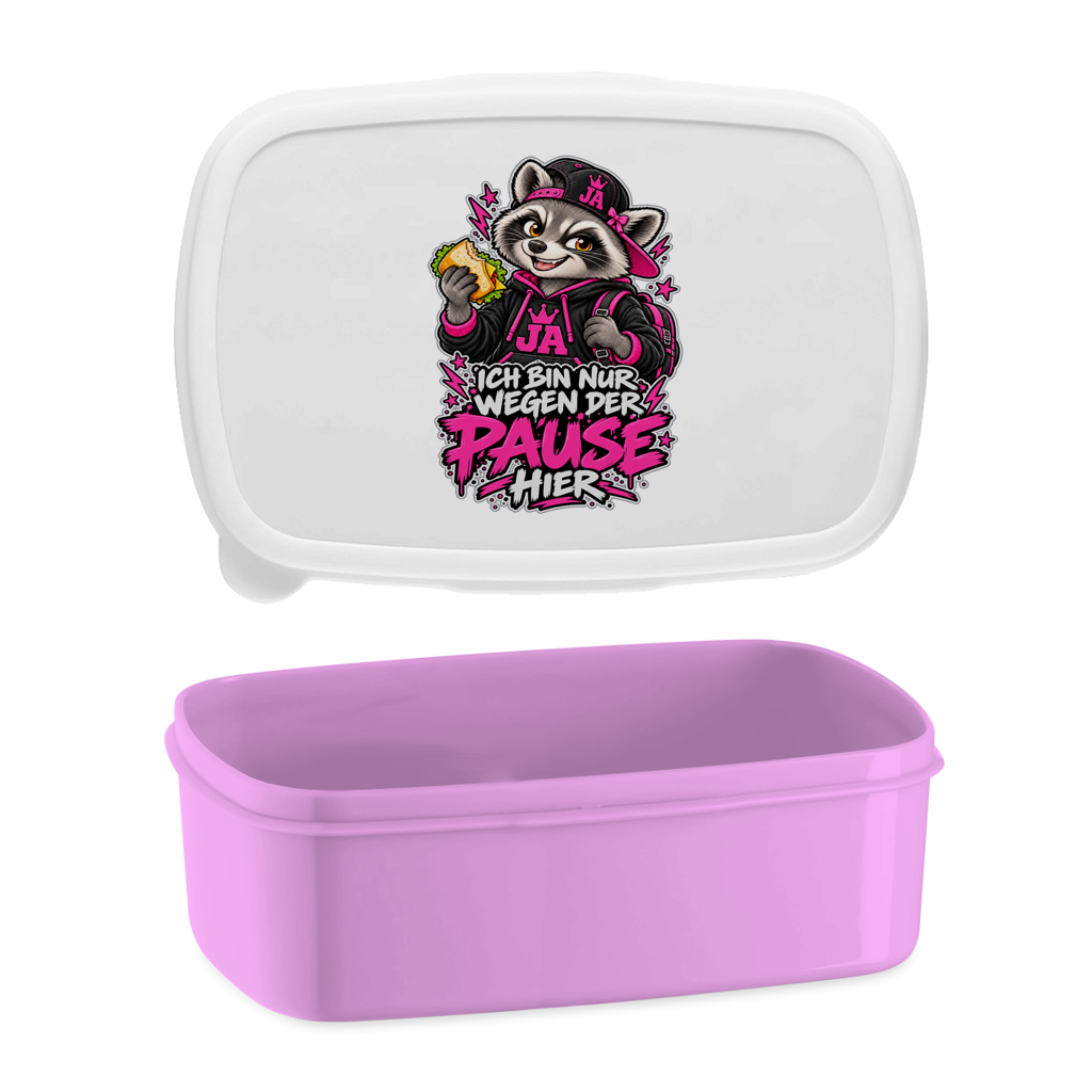 JA Pausen-Waschbär Pink – Lunchbox in Pink, Aufdruck: Waschbär mit Pausenbrot in Pink: „Ich bin nur wegen der Pause hier“